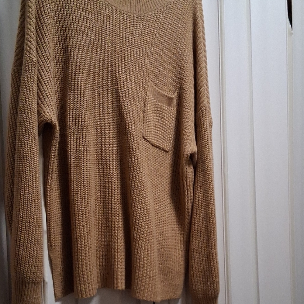 Tan Crewneck Sweater with Ribbed Knit Design